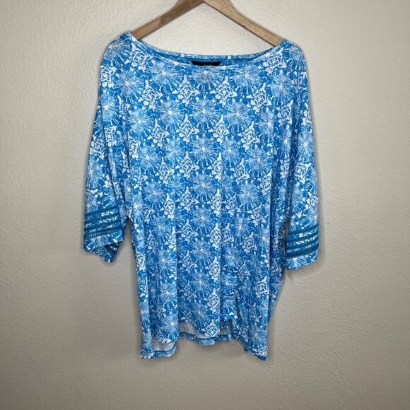 Ali Miles Womens Blue Geometric Linen Blend Eyelet Sleeve Tunic Top 3X - Picture 2 of 13